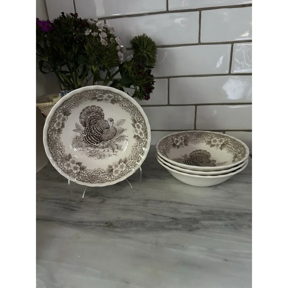 4 Queen’s Myott Thanksgiving Turkey cereal / soup bowls Myott factory Archive